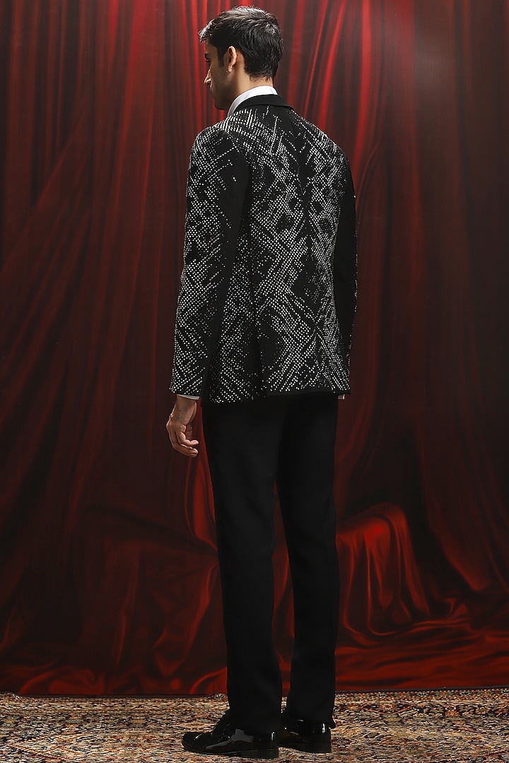 Black Jacquard Sequin Embellished Tuxedo Set by ASUKA at Pernia's Pop Up Shop