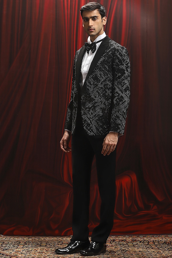 Black Jacquard Sequin Embellished Tuxedo Set by ASUKA at Pernia's Pop Up Shop