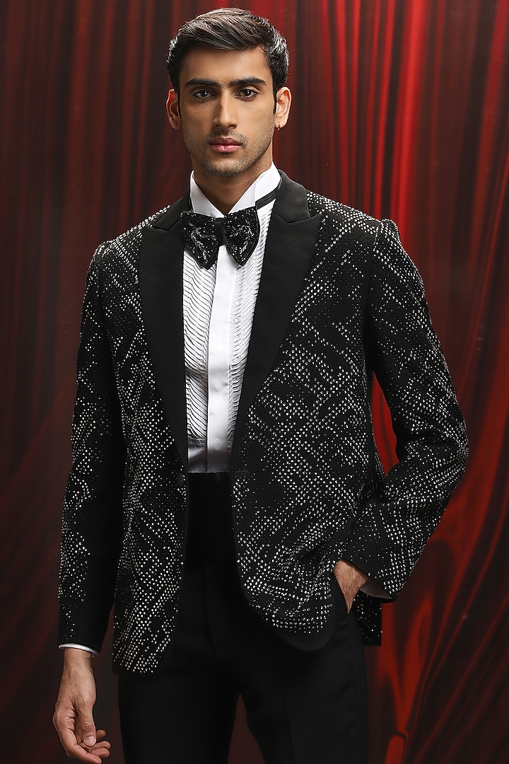 Black Jacquard Sequin Embellished Tuxedo Set by ASUKA at Pernia's Pop Up Shop