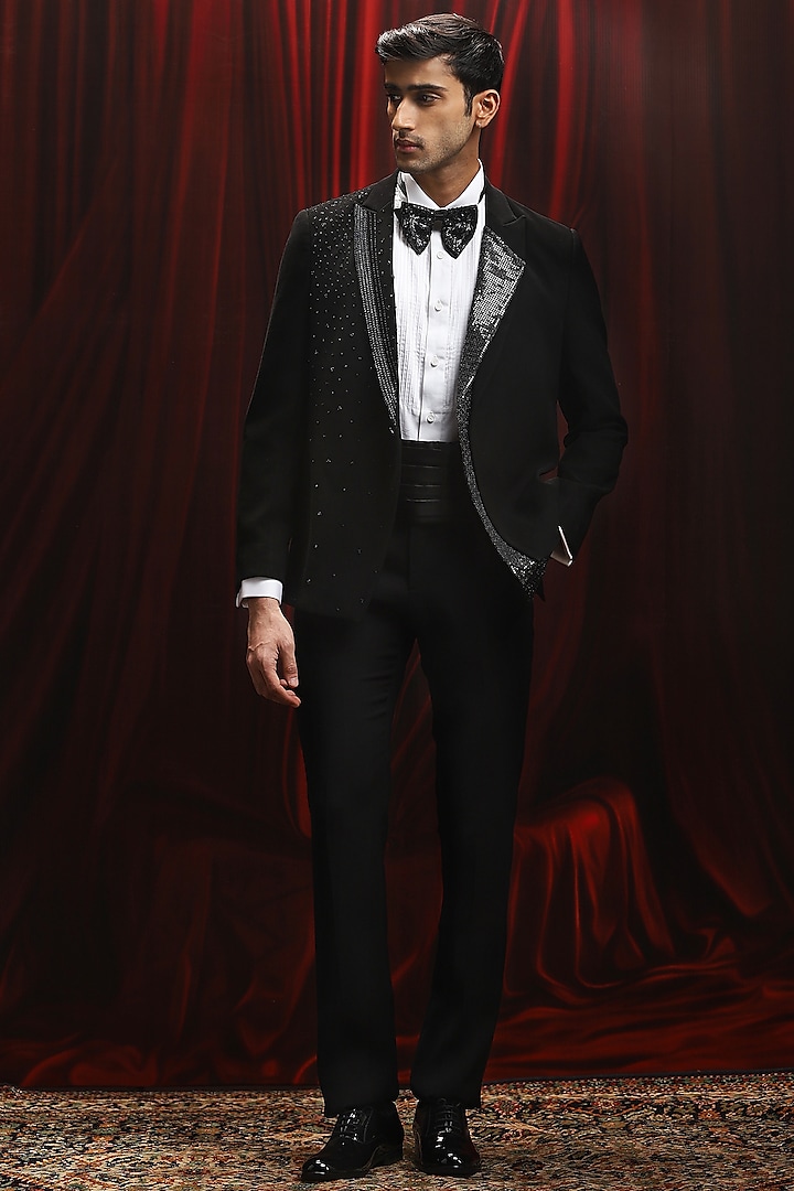 Black Jacquard Sequin Work Tuxedo Set by ASUKA at Pernia's Pop Up Shop