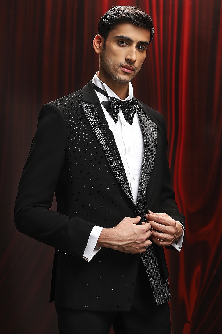 Black Jacquard Sequin Work Tuxedo Set by ASUKA at Pernia's Pop Up Shop