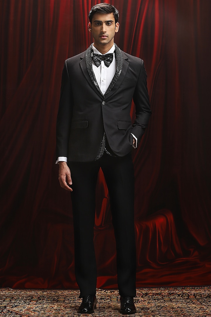 Black Jacquard Panel Work Tuxedo Set by ASUKA