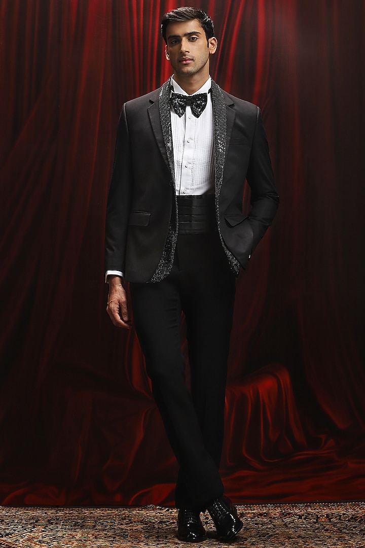 Black Jacquard Panel Work Tuxedo Set by ASUKA at Pernia's Pop Up Shop
