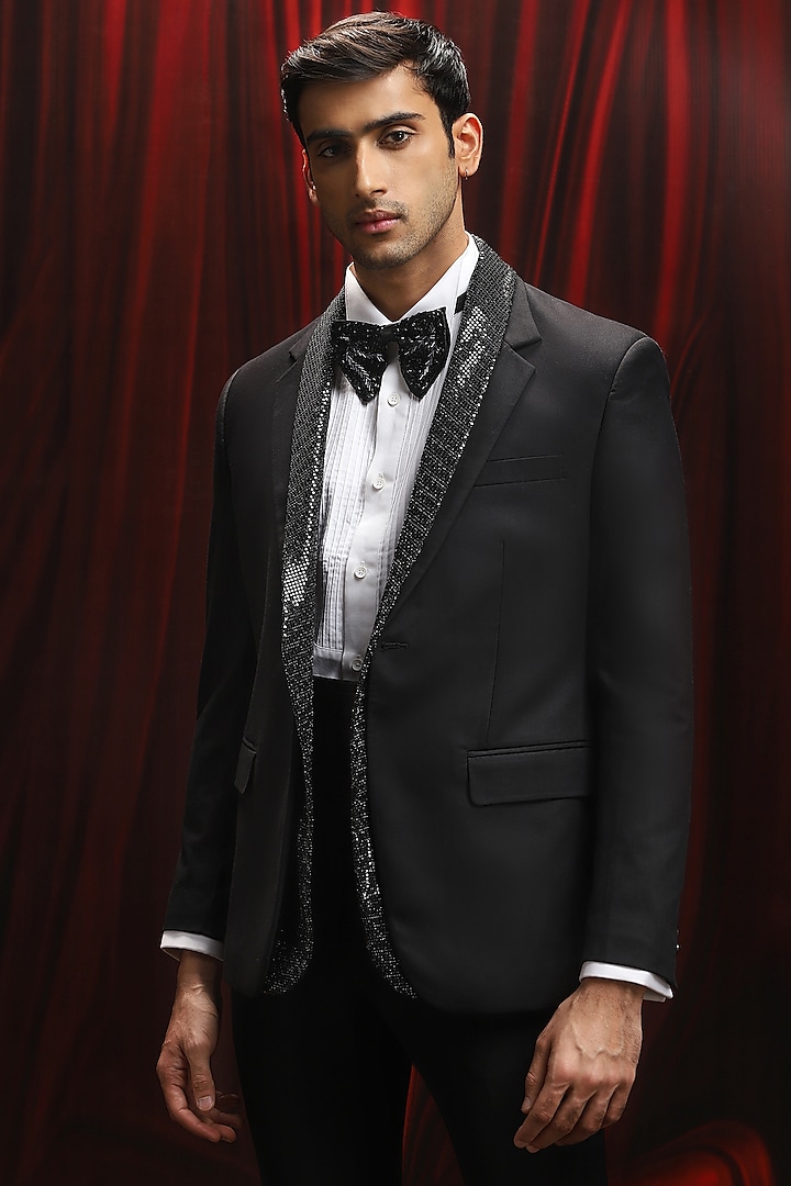Black Jacquard Panel Work Tuxedo Set by ASUKA at Pernia's Pop Up Shop