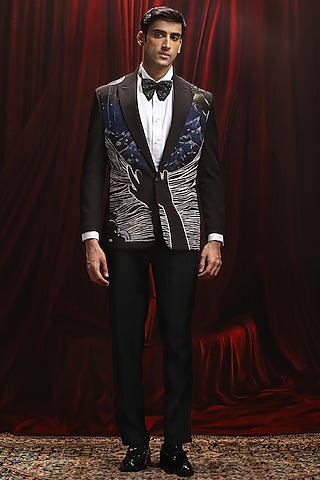 Black Jacquard Cutdana Embellished Tuxedo Set by ASUKA