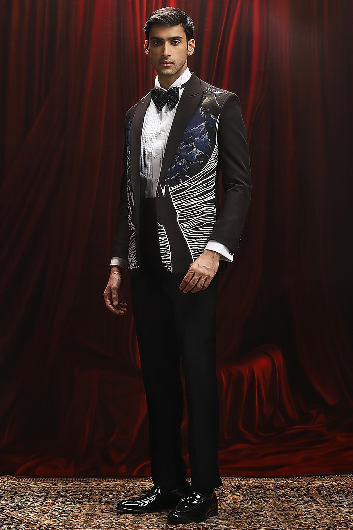 Black Jacquard Cutdana Embellished Tuxedo Set by ASUKA at Pernia's Pop Up Shop