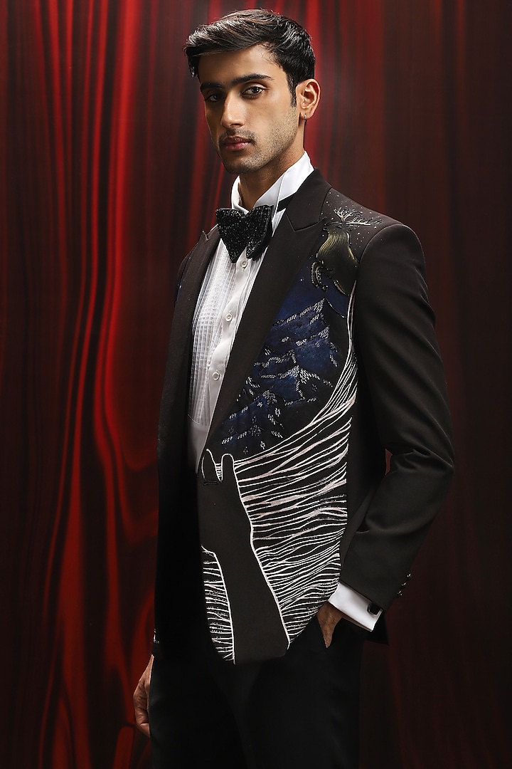 Black Jacquard Cutdana Embellished Tuxedo Set by ASUKA at Pernia's Pop Up Shop