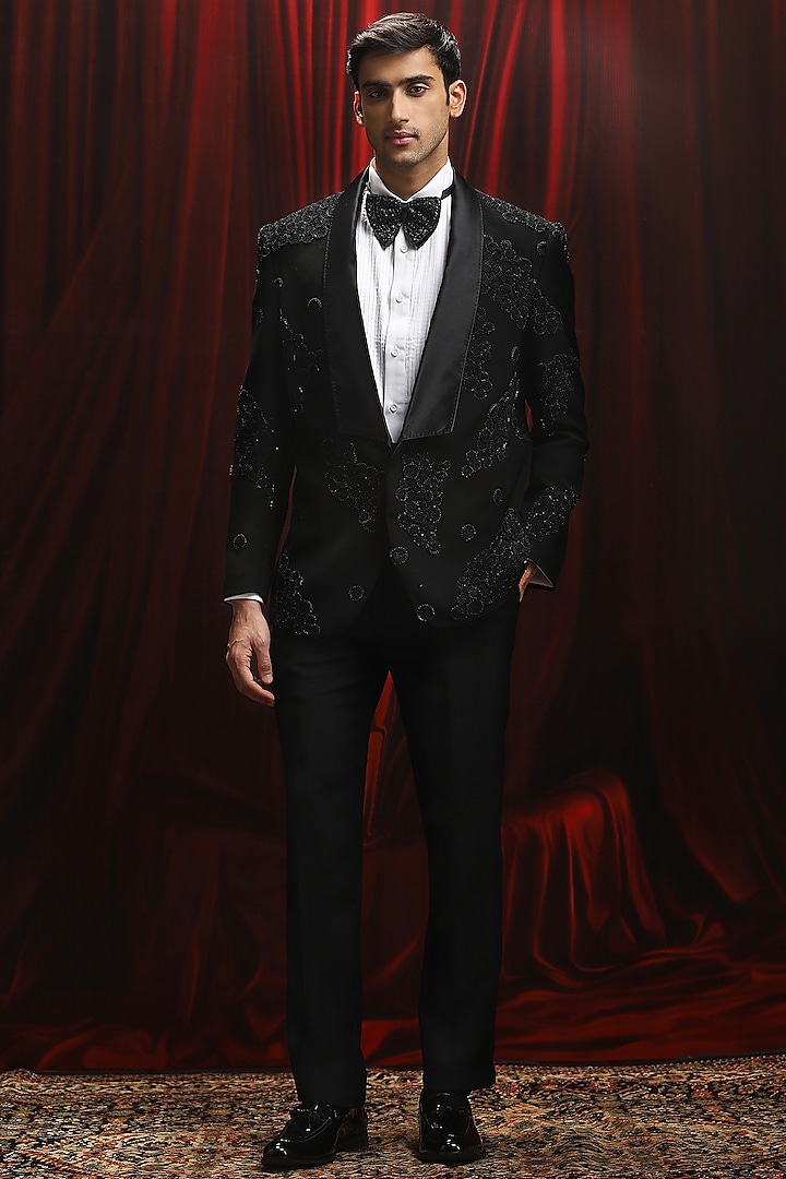 Black Jacquard Cutdana Embroidered Tuxedo Set by ASUKA