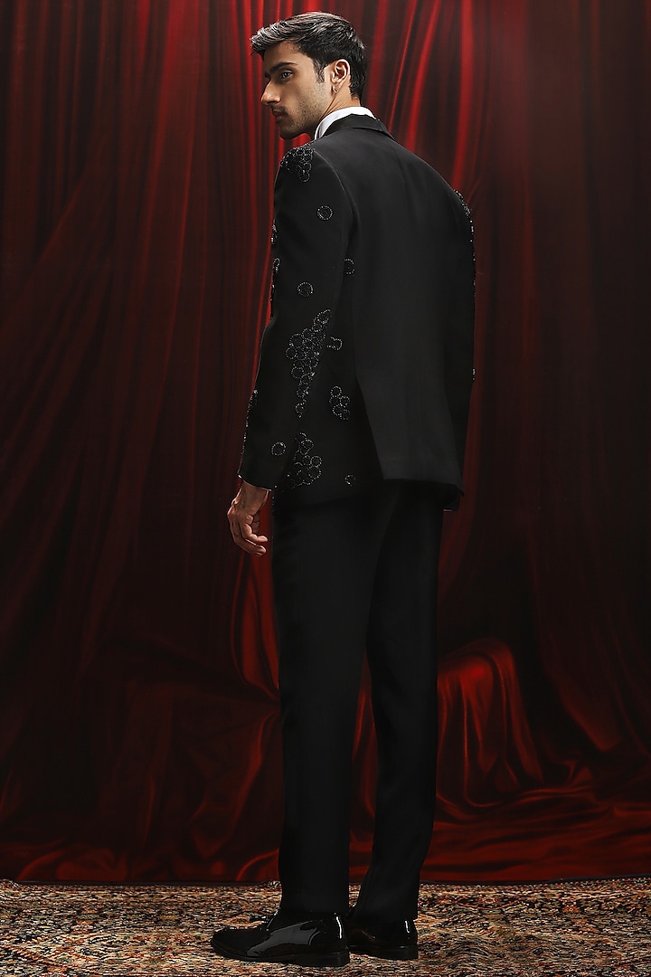 Black Jacquard Cutdana Embroidered Tuxedo Set by ASUKA at Pernia's Pop Up Shop