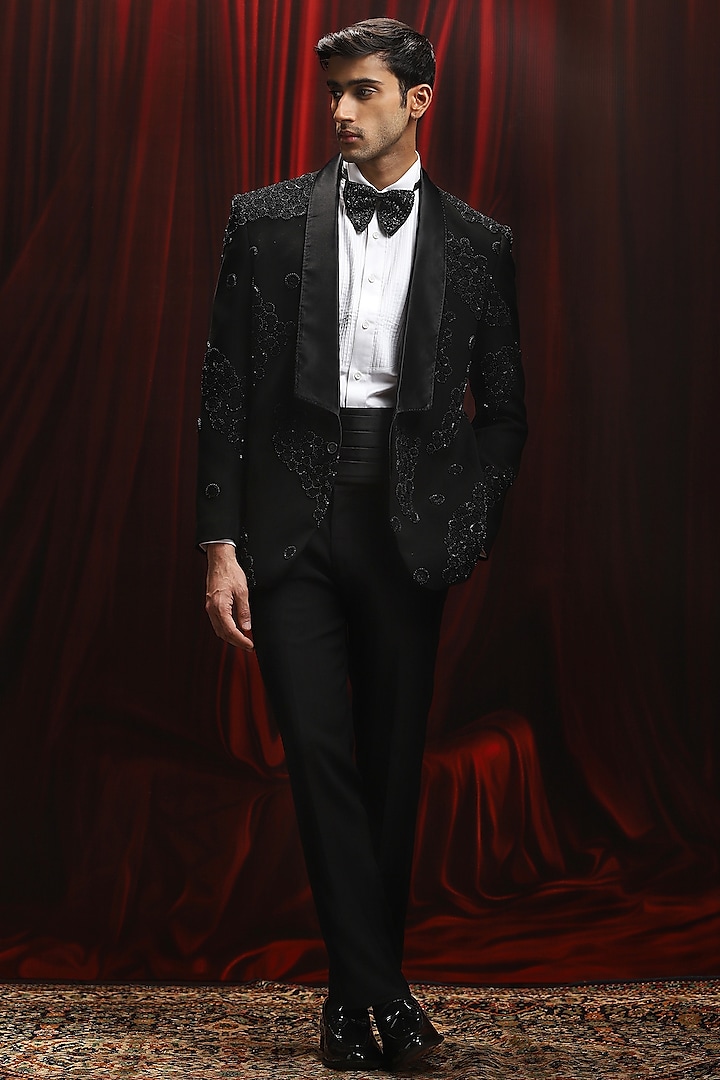 Black Jacquard Cutdana Embroidered Tuxedo Set by ASUKA at Pernia's Pop Up Shop