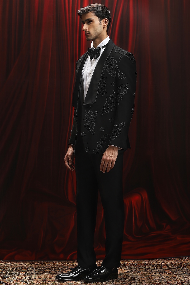 Black Jacquard Cutdana Embroidered Tuxedo Set by ASUKA at Pernia's Pop Up Shop