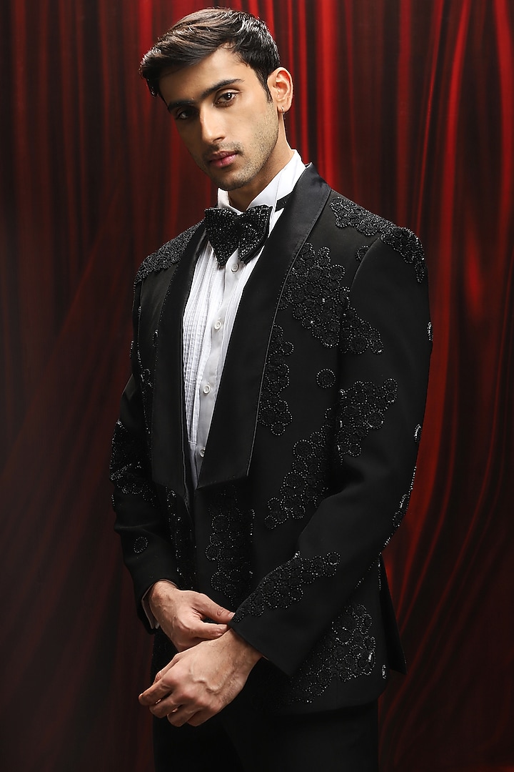 Black Jacquard Cutdana Embroidered Tuxedo Set by ASUKA at Pernia's Pop Up Shop