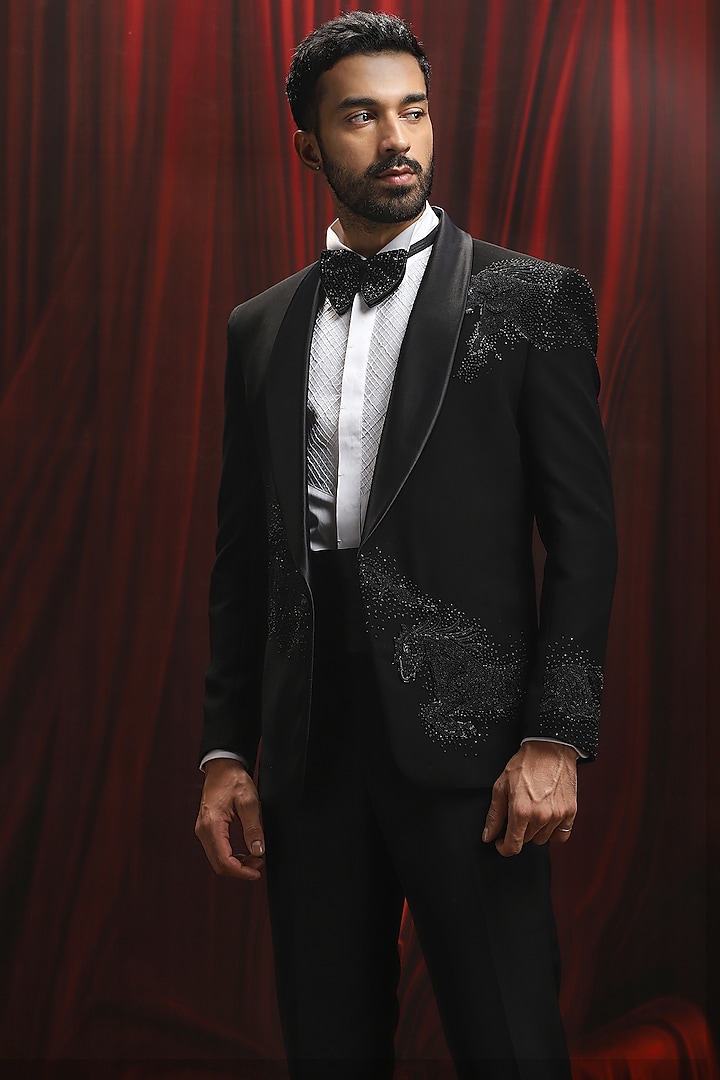 Black Jacquard Tuxedo Set by ASUKA at Pernia's Pop Up Shop