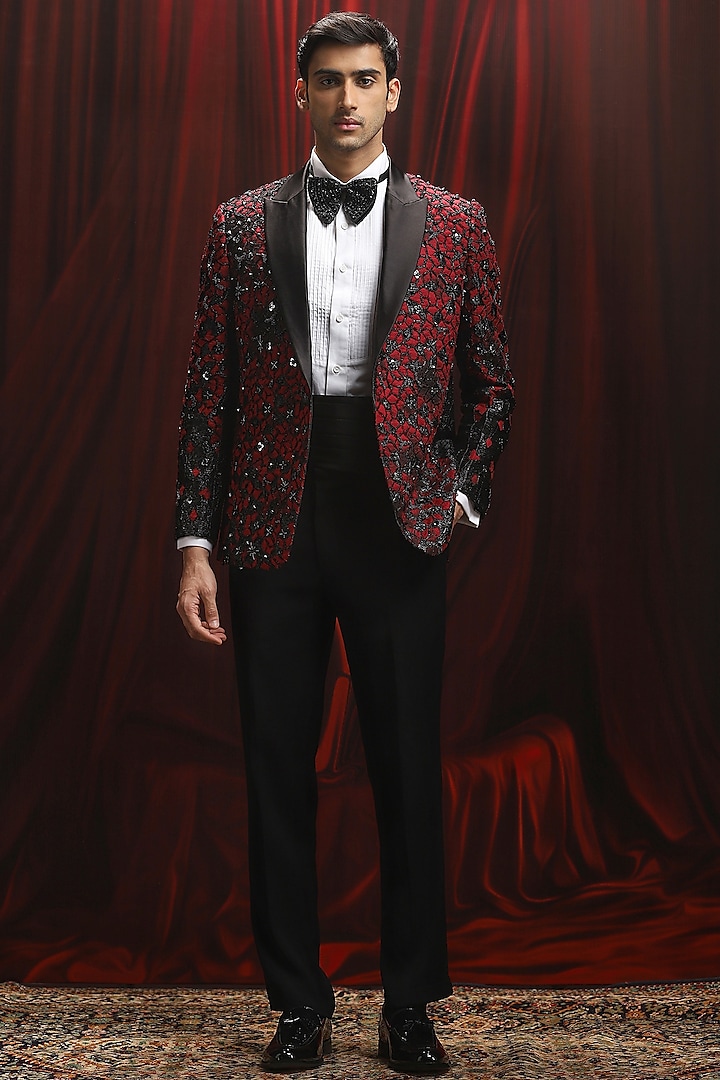 Red Jacquard Patchwork Tuxedo Set by ASUKA