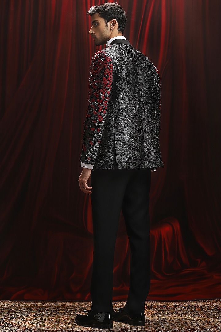 Red Jacquard Patchwork Tuxedo Set by ASUKA at Pernia's Pop Up Shop