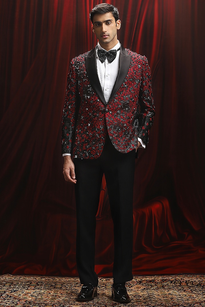 Red Jacquard Patchwork Tuxedo Set by ASUKA at Pernia's Pop Up Shop