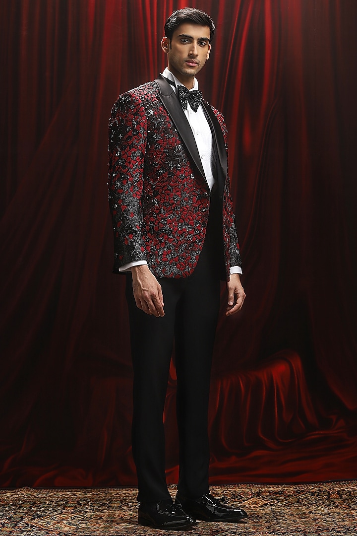 Red Jacquard Patchwork Tuxedo Set by ASUKA at Pernia's Pop Up Shop