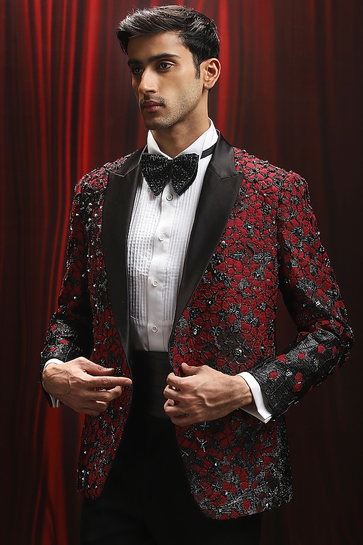 Red Jacquard Patchwork Tuxedo Set by ASUKA at Pernia's Pop Up Shop