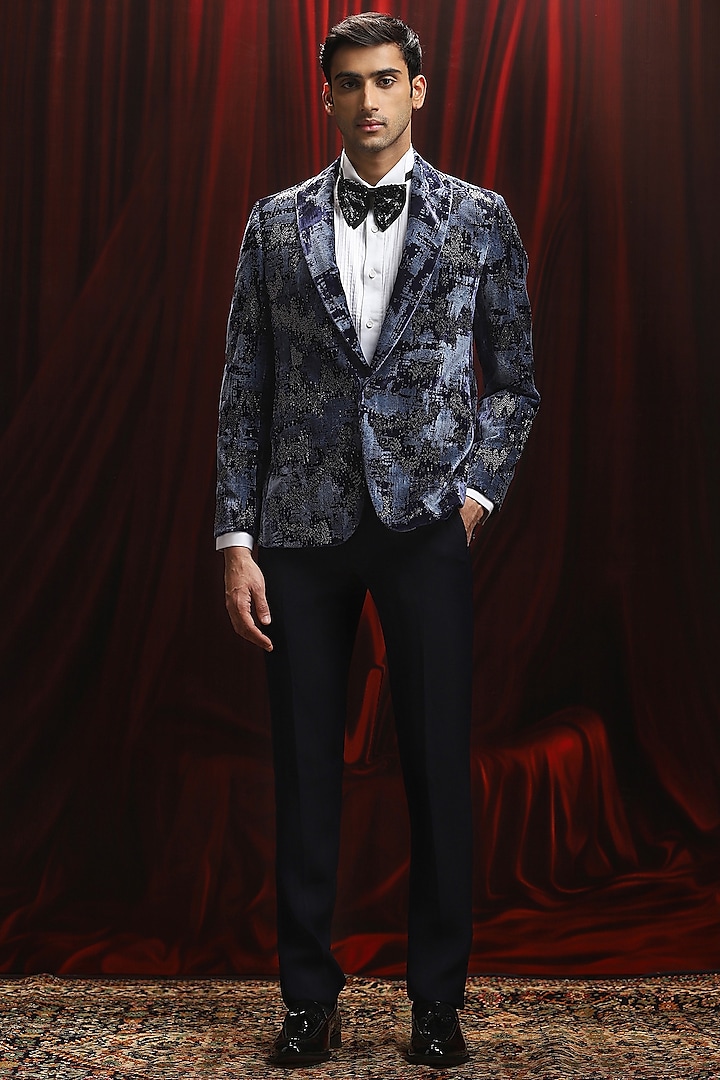 Blue & Black Jacquard Sequins Work Tuxedo Set by ASUKA