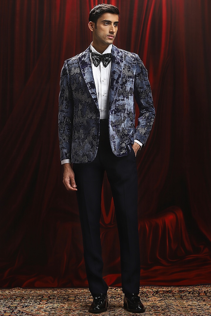 Blue & Black Jacquard Sequins Work Tuxedo Set by ASUKA at Pernia's Pop Up Shop