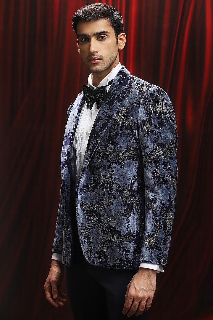Blue & Black Jacquard Sequins Work Tuxedo Set by ASUKA at Pernia's Pop Up Shop