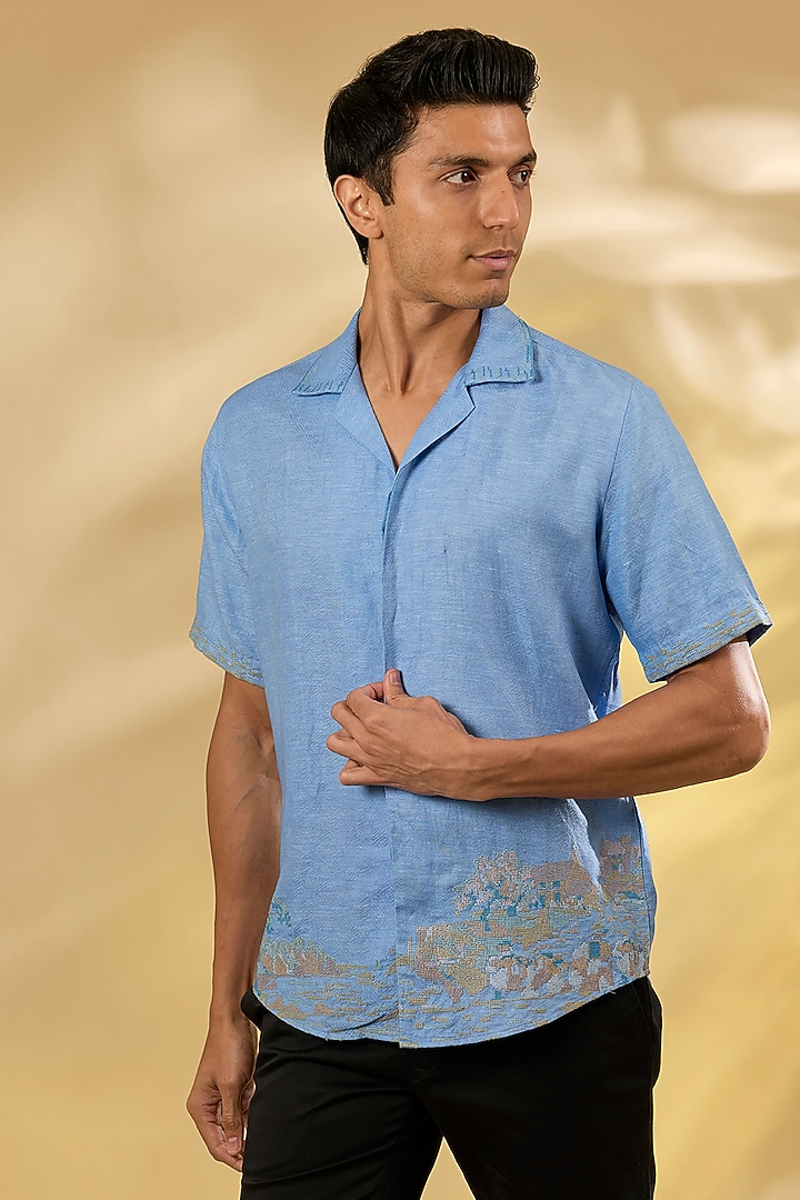 Blue Linen Embroidered Shirt by ASUKA
