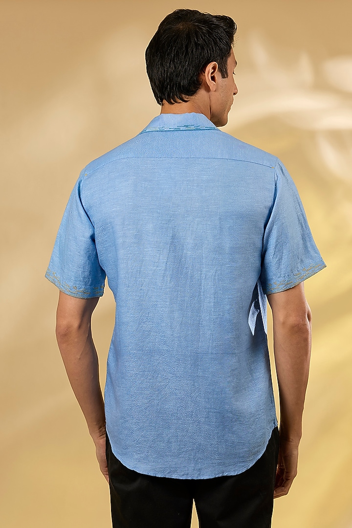 Blue Linen Embroidered Shirt by ASUKA at Pernia's Pop Up Shop