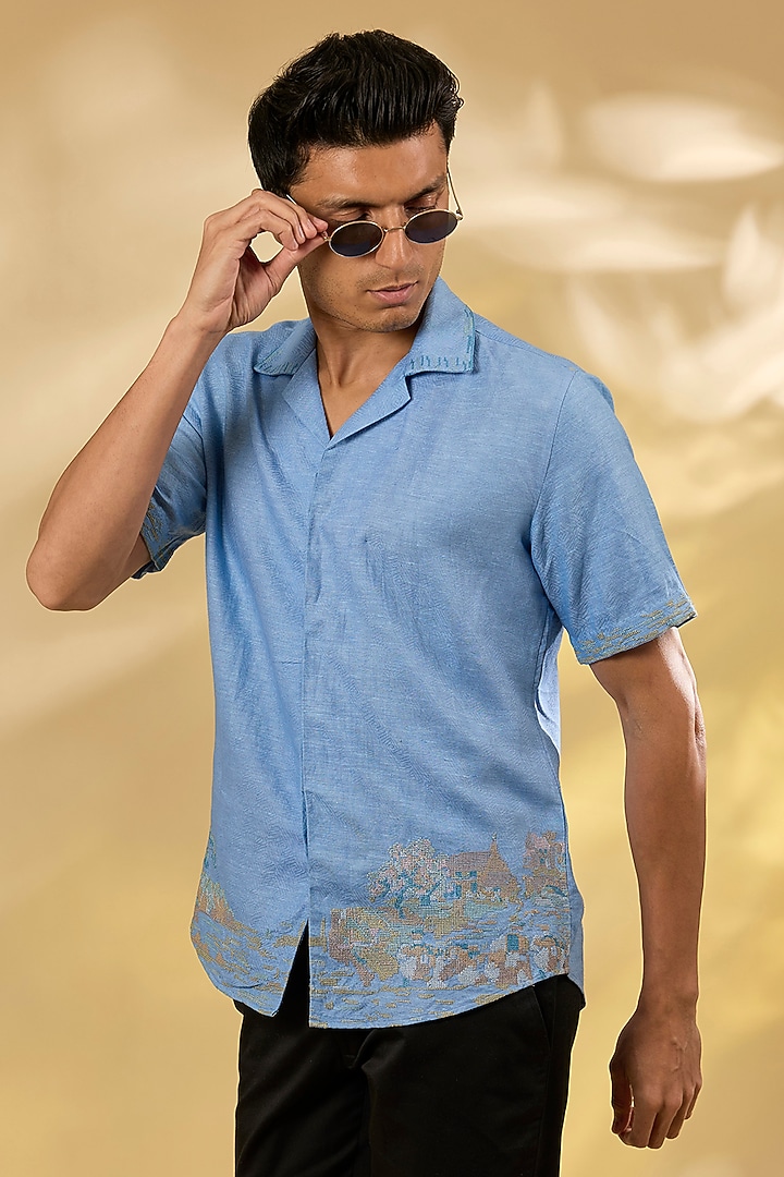 Blue Linen Embroidered Shirt by ASUKA at Pernia's Pop Up Shop