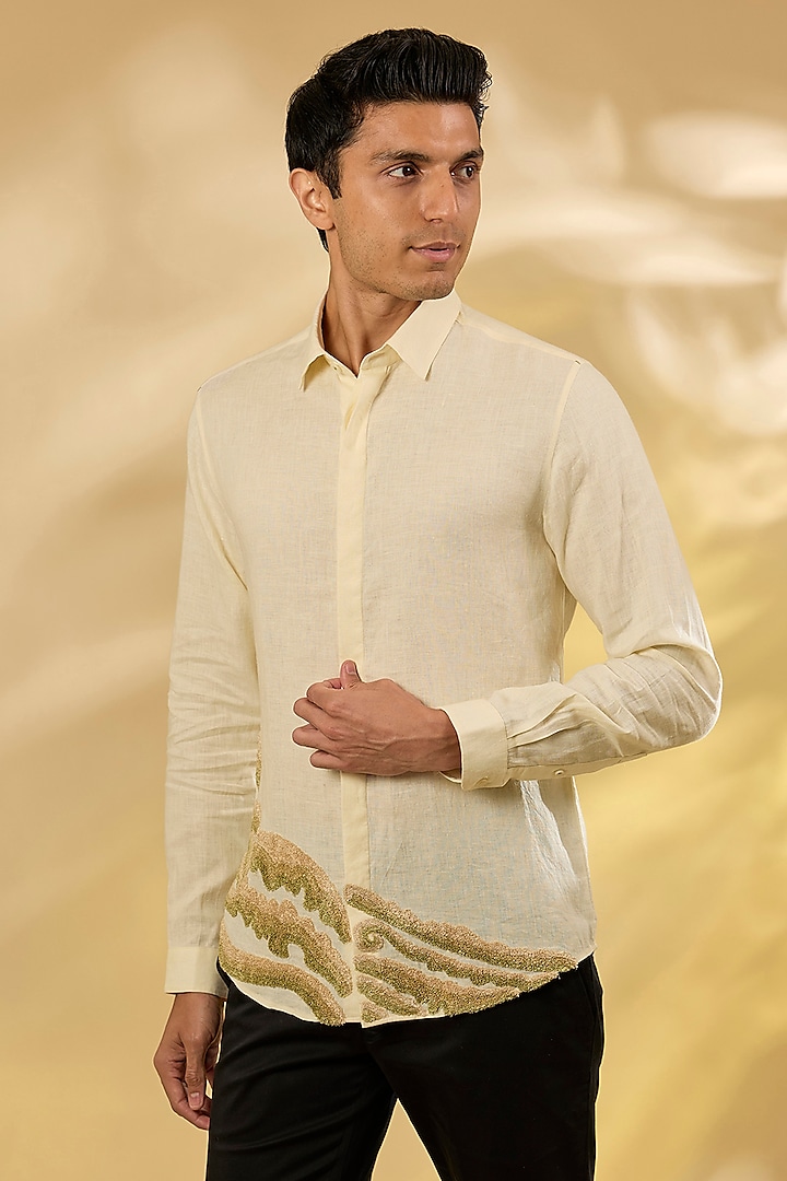 Cream Pure Linen Embroidered Shirt by ASUKA