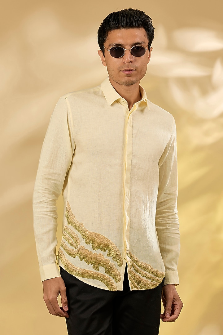 Cream Pure Linen Embroidered Shirt by ASUKA at Pernia's Pop Up Shop