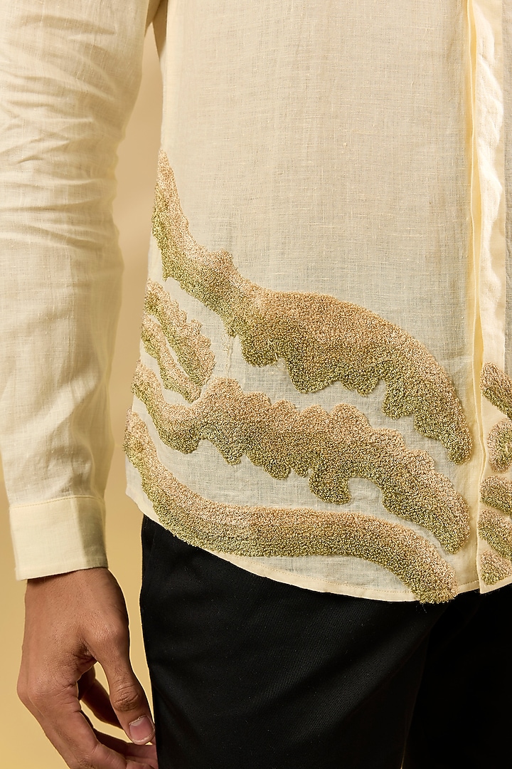 Cream Pure Linen Embroidered Shirt by ASUKA at Pernia's Pop Up Shop