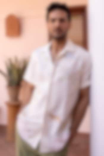 Cream Jacquard Pure Linen Hand & Machine Embroidered Shirt by ASUKA