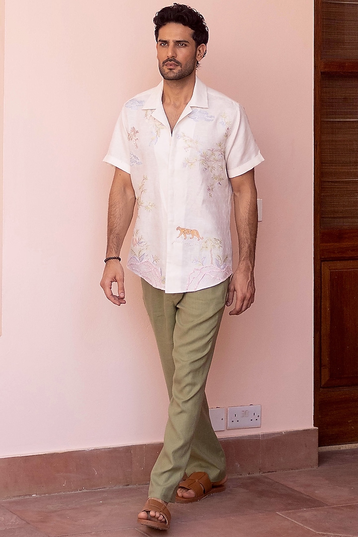 Cream Jacquard Pure Linen Hand & Machine Embroidered Party Wear Shirt by ASUKA at Pernia's Pop Up Shop