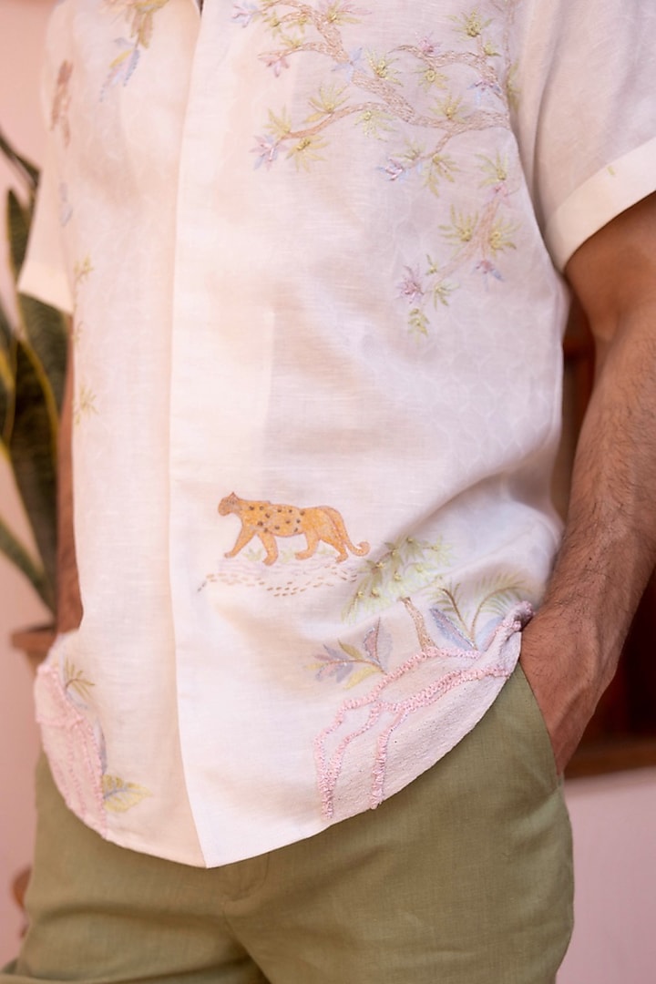 Cream Jacquard Pure Linen Hand & Machine Embroidered Party Wear Shirt by ASUKA at Pernia's Pop Up Shop