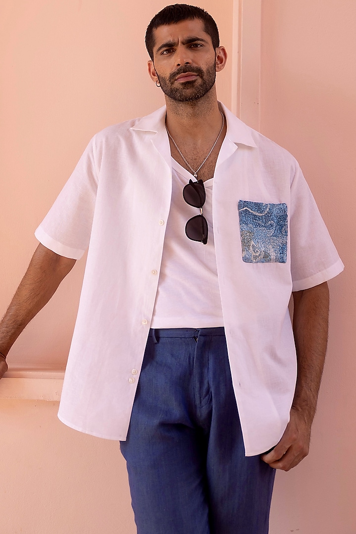 White Pure Linen Embroidered Shirt by ASUKA