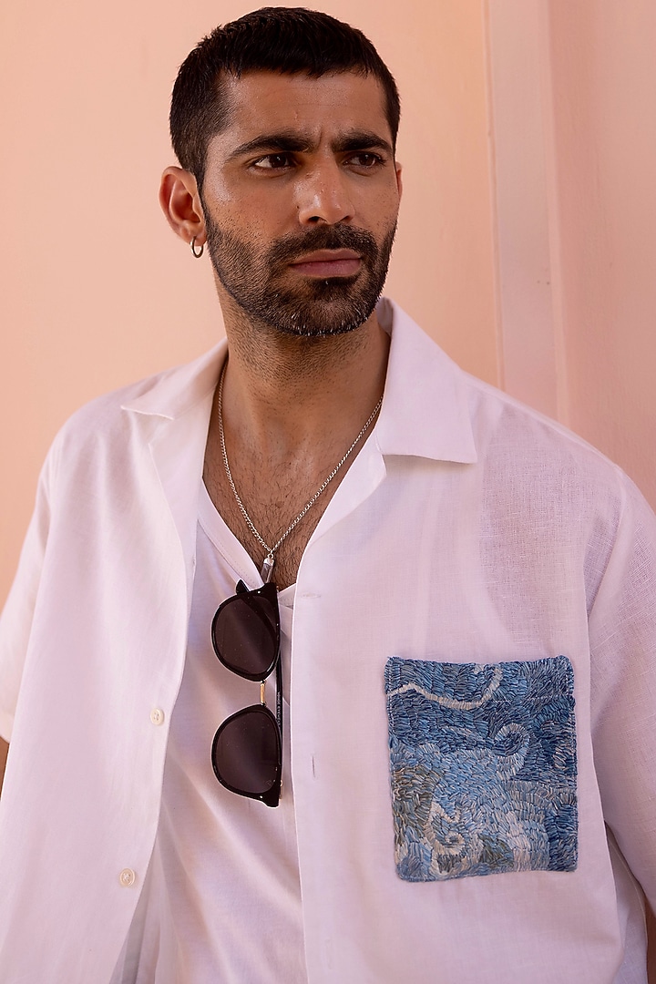 White Pure Linen Embroidered Summer Shirt by ASUKA at Pernia's Pop Up Shop