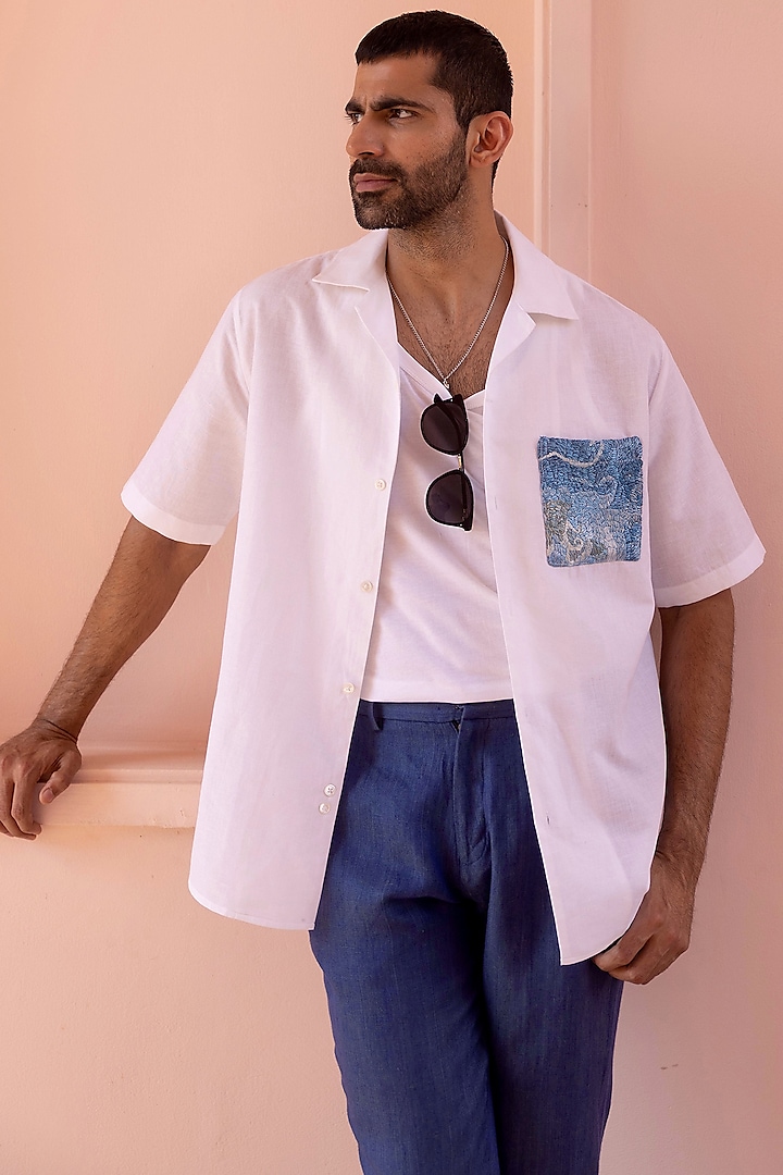 White Pure Linen Embroidered Summer Shirt by ASUKA at Pernia's Pop Up Shop