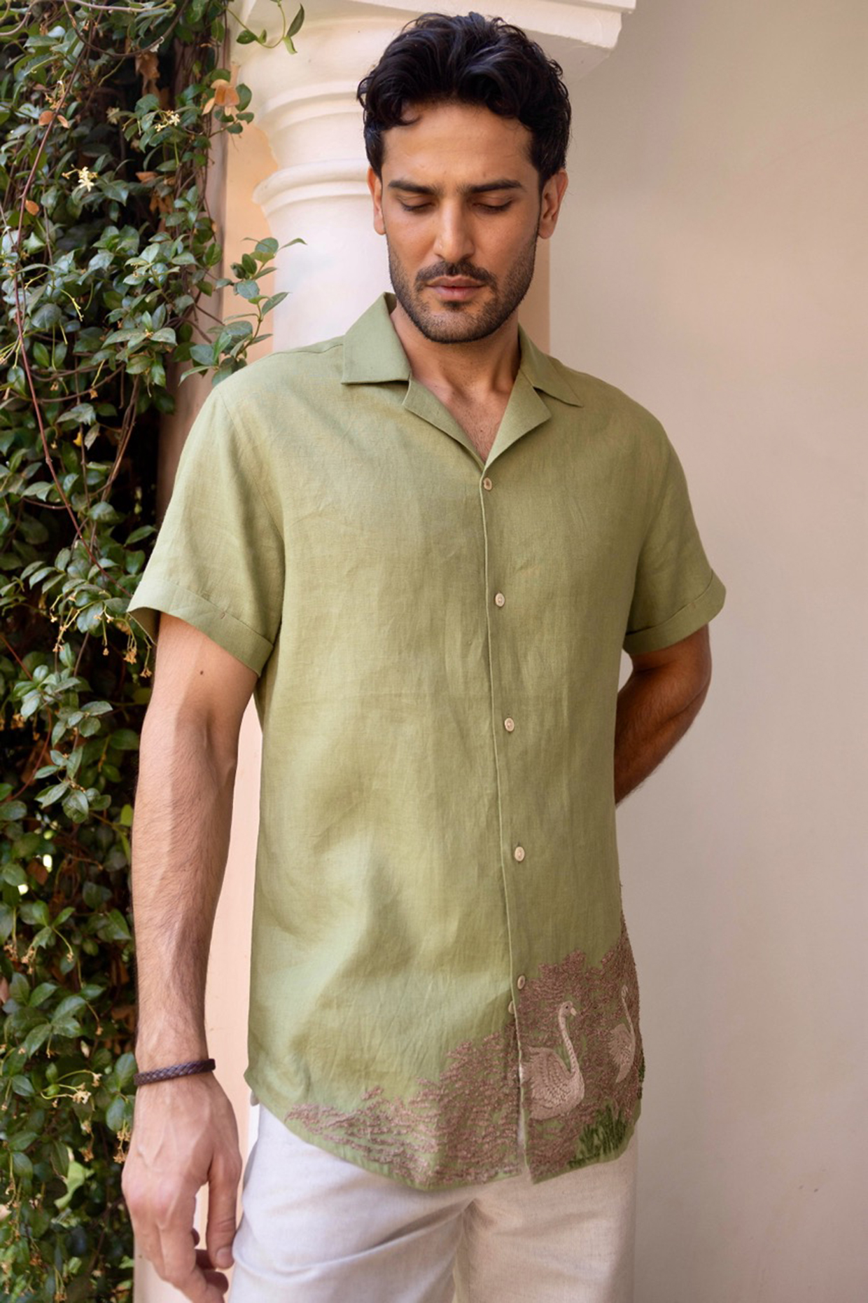 Forest Green Pure Linen Hand Embroidered Shirt by ASUKA