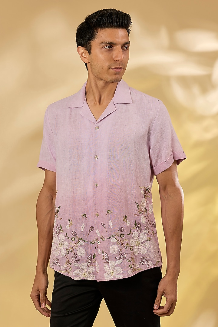 Ombre Lavender Pure Linen Embroidered Shirt by ASUKA at Pernia's Pop Up Shop