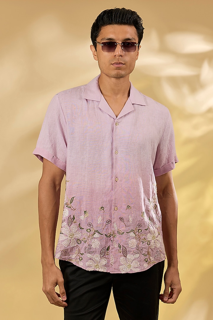 Ombre Lavender Pure Linen Embroidered Shirt by ASUKA at Pernia's Pop Up Shop