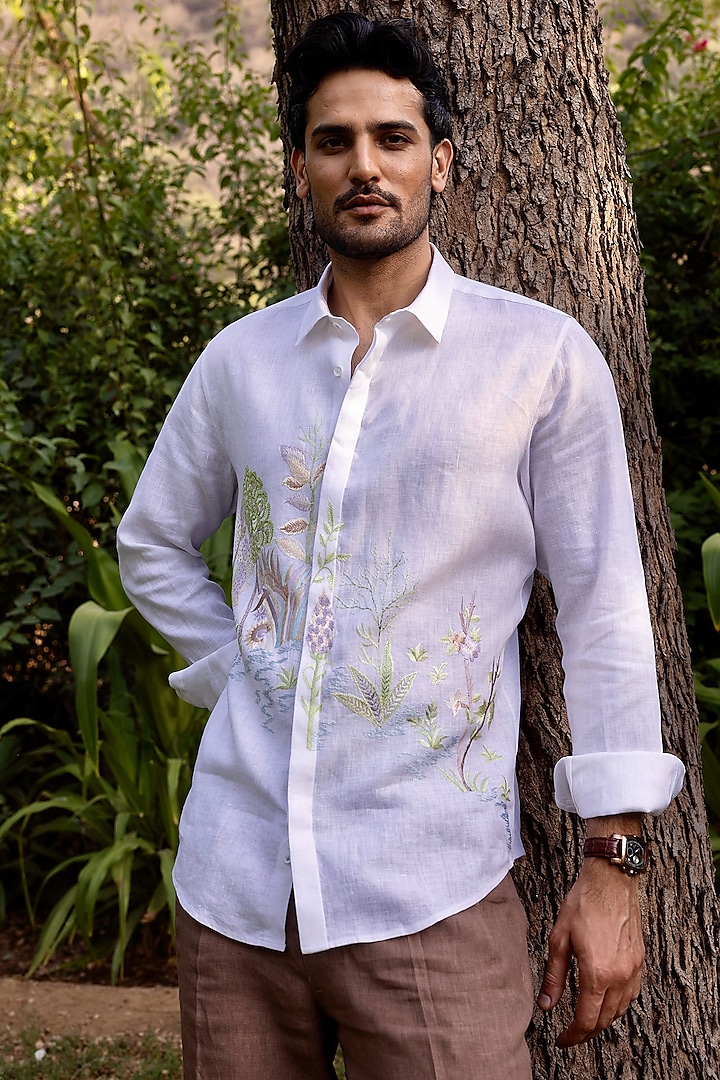 White Pure Linen Hand Embroidered Shirt by ASUKA