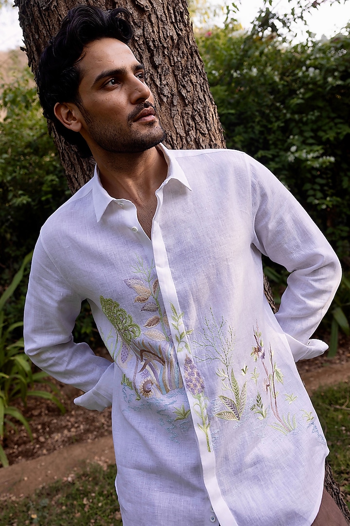 White Pure Linen Hand Embroidered Party Wear Shirt by ASUKA at Pernia's Pop Up Shop