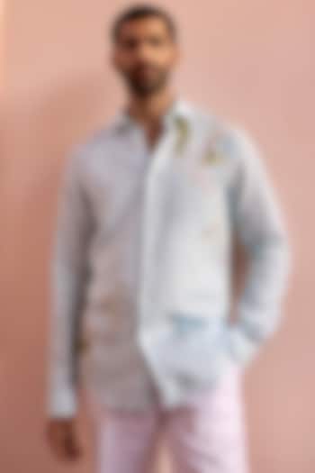 Seafoam Light Blue Pure Linen Hand Embroidered Shirt by ASUKA
