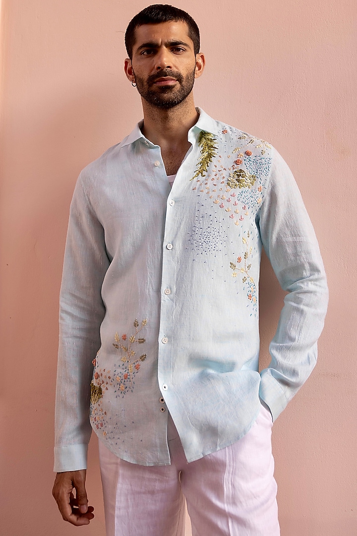 Seafoam Light Blue Pure Linen Hand Embroidered Shirt by ASUKA