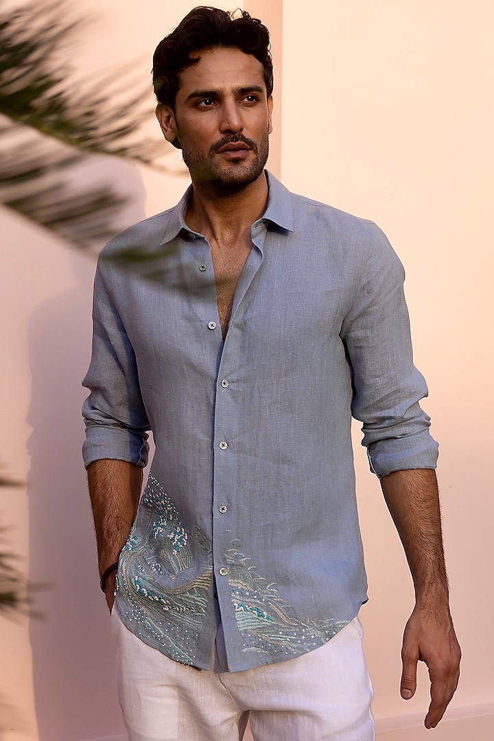 Cold Blue Pure Linen Hand Embroidered Party Wear Shirt by ASUKA at Pernia's Pop Up Shop
