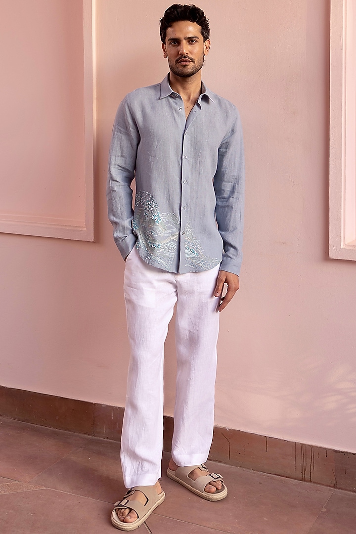 Cold Blue Pure Linen Hand Embroidered Party Wear Shirt by ASUKA at Pernia's Pop Up Shop
