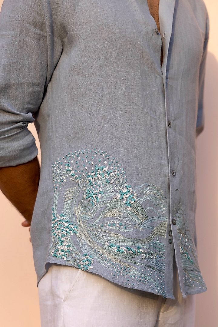 Cold Blue Pure Linen Hand Embroidered Party Wear Shirt by ASUKA at Pernia's Pop Up Shop