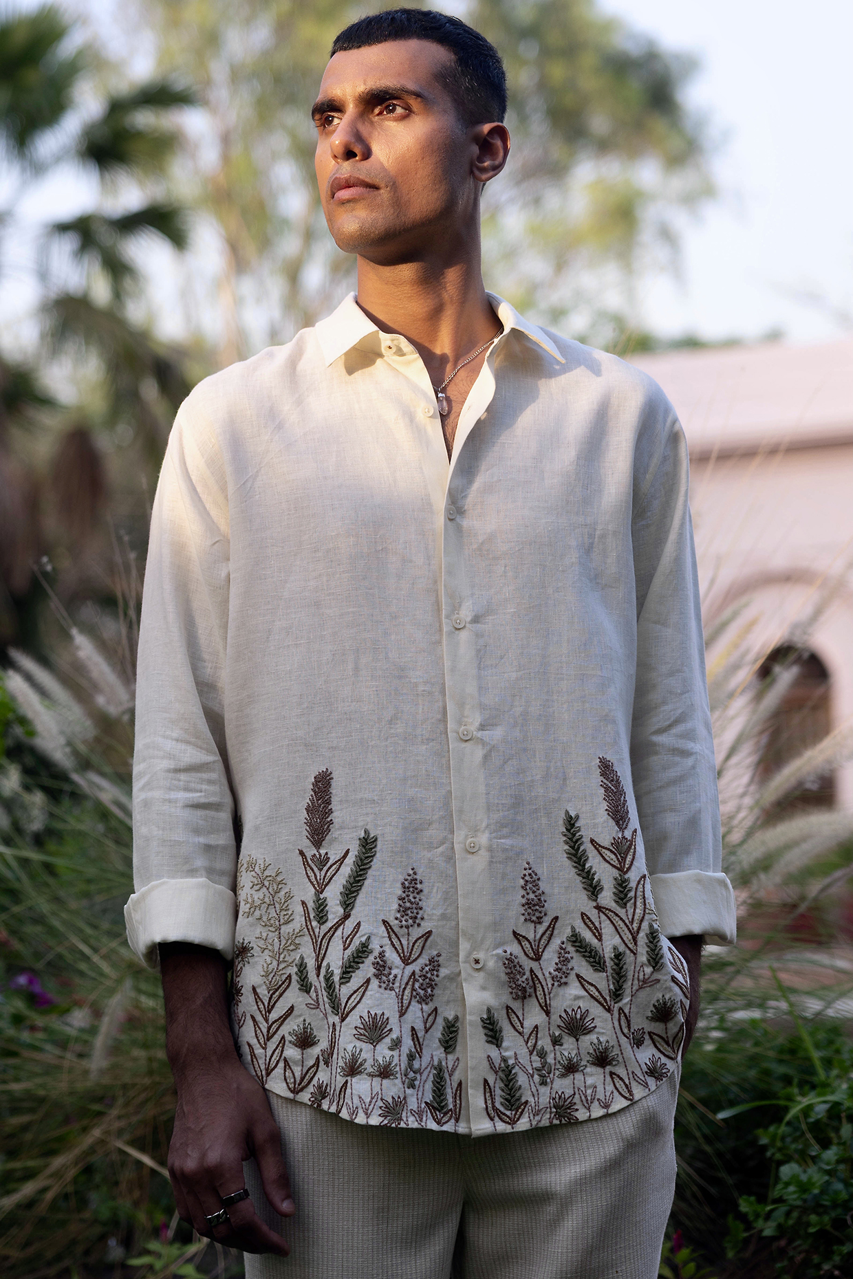 Cream Pure Linen Embroidered Shirt by ASUKA