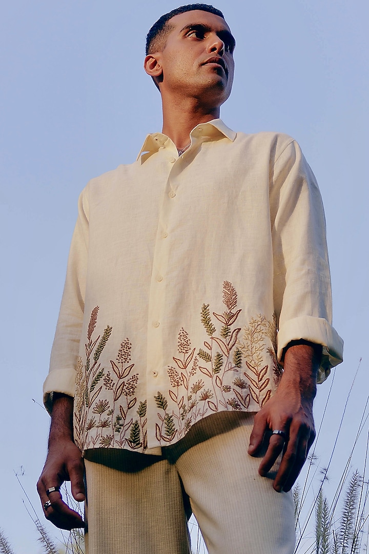 Cream Pure Linen Embroidered Party Wear Shirt by ASUKA at Pernia's Pop Up Shop
