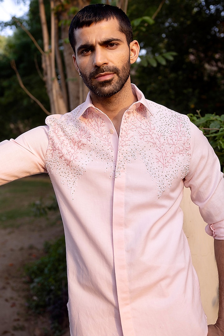 Baby Pink Pure Linen Hand Embroidered Party Wear Shirt by ASUKA at Pernia's Pop Up Shop